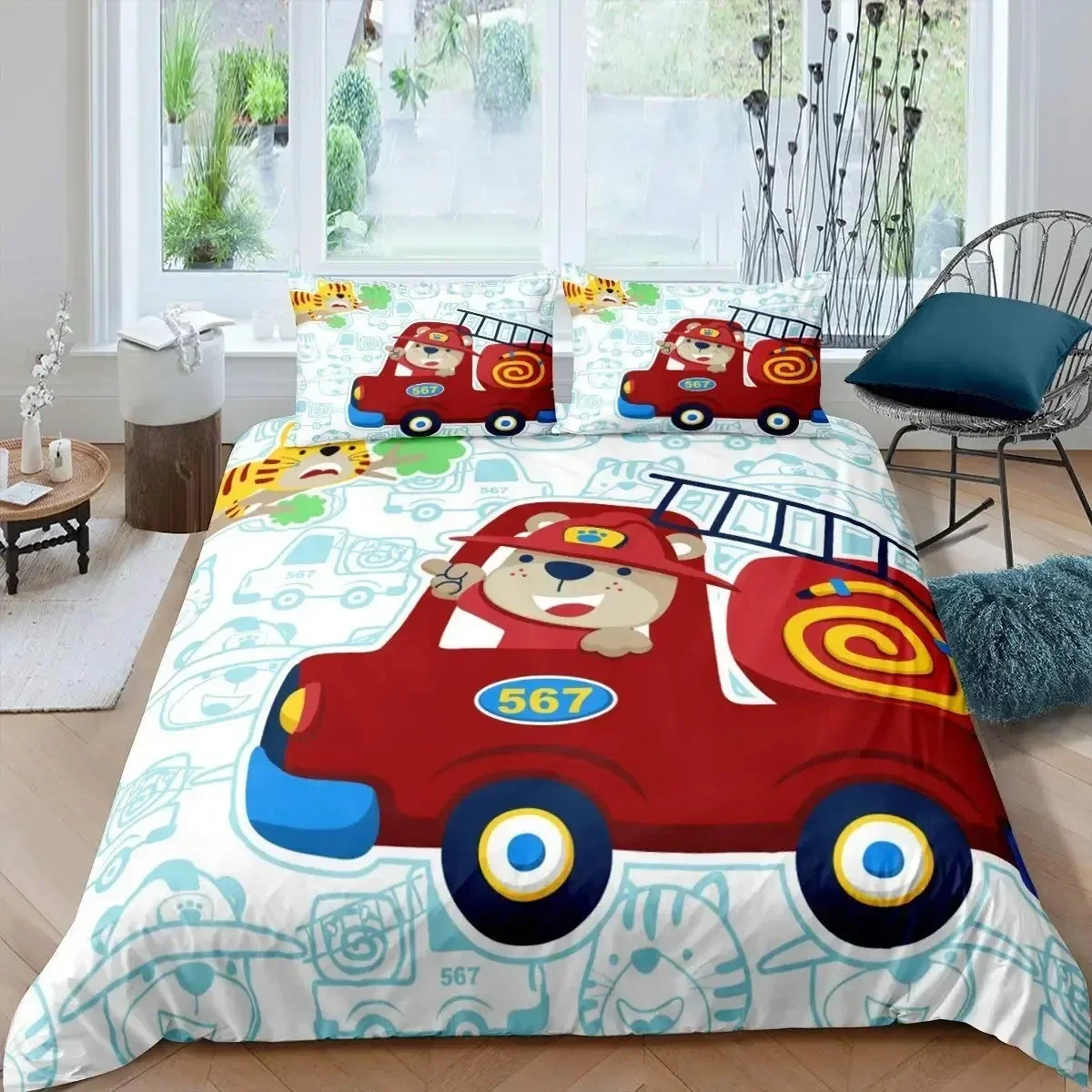 

Firefighter Truck Red Firemen Car 3D Duvet Cover Bedding Set Comforter Linen Pillowcases Home Decor Single Double King Queen