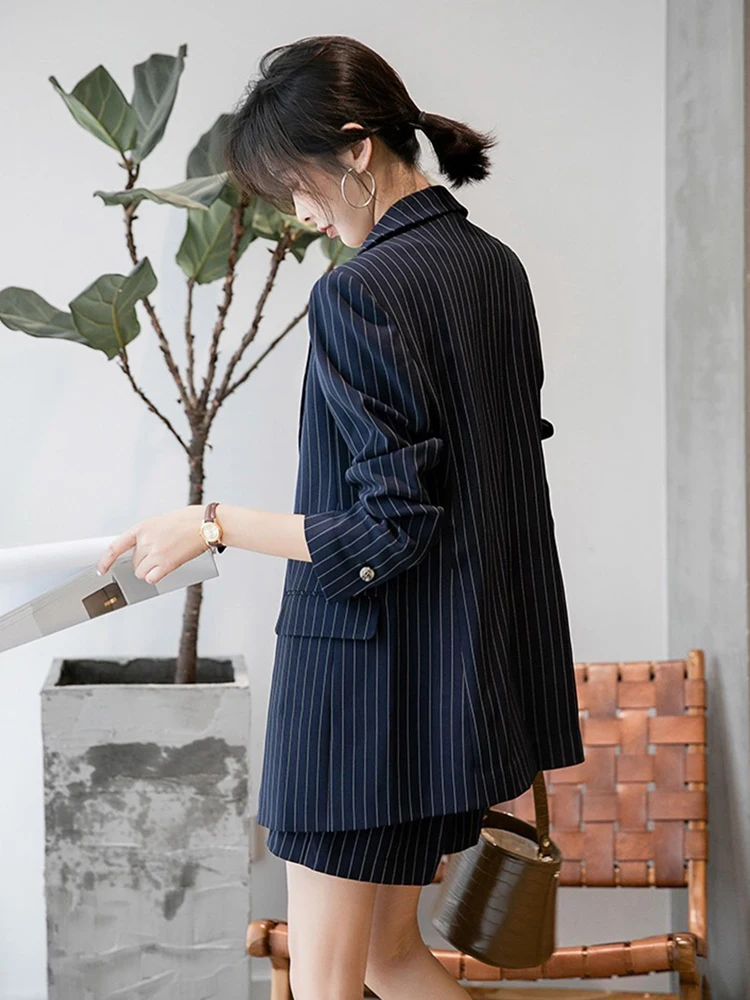 New 2024 Spring Blazer For Women 2 Piece Set Korean Fashion Design Casual Striped Coat And Shorts Sets Women Outwears Hot Sale