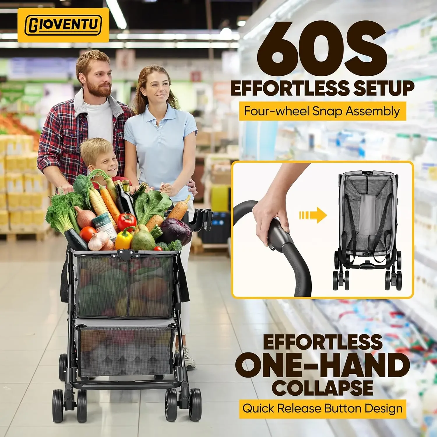 Folding Shopping Cart for Groceries (80lbs), Multifunctional Collapsible Cart with Removable Tote Bag and Swivel Wheels