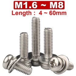 M1.6M2M2.5M3M4M5M6 M8 Round Head Phillips Machine Screw with Washer/spring Washer 304 Stainless Steel Pan Head Screw Combination