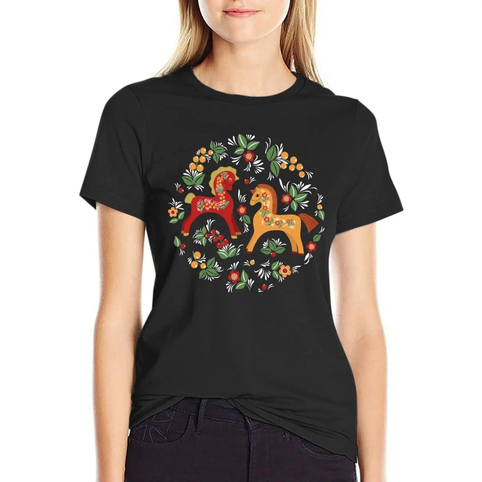 Folk horses pattern T-Shirt graphics anime clothes Blouse t shirts for Womens