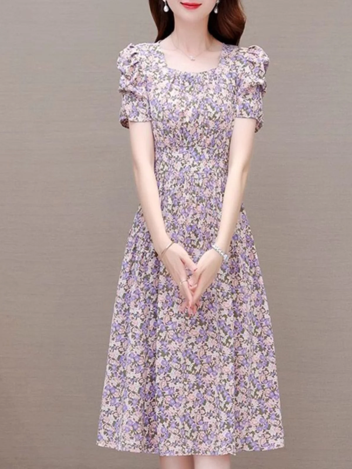 stylish-mommy-dress-beautiful-skirt-new-summer-women-fashionable-square-collar-mid-length-slimming-floral-print-gown-pin