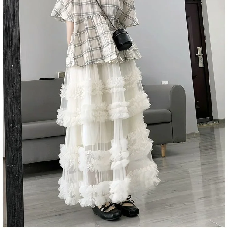 Heavy Embroidery Design Lace Skirt Half-length Women's Summer Sweet Style High Waist A-line Gauze Skirt Casual Polyester Fabric