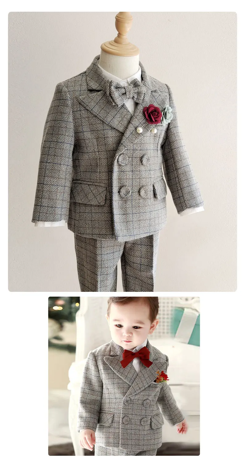 Kinderanzug für Jungen im Gentleman-Stil mit Karomuster, Jacke, Hose, Hosenträgern und Fliege, Formelles Hochzeits- und Fotografie-Kostüm für Babyjungen – Detail 1