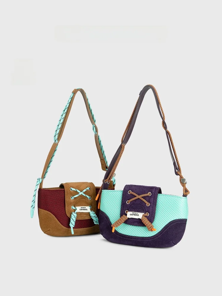 SpicyCapSoul Original Retro Net Cloth Suede Leather Color Block Baseball French Bread Bag Crossbody Bag for Women