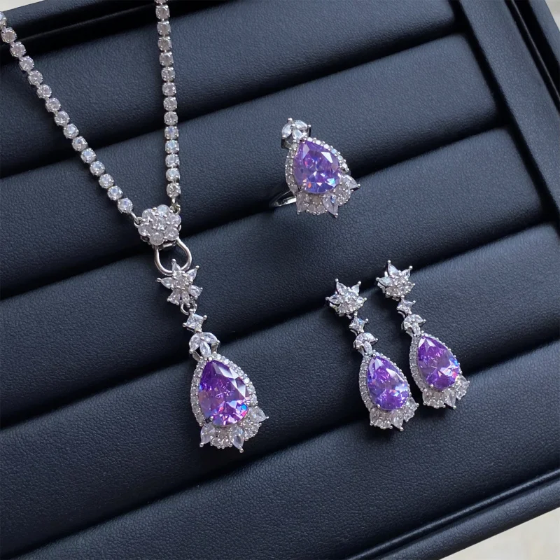 

Lavender Purple Zircon Three-Piece Full Diamond Water Drop Shape Open Ring Female Temperament Pendant Earrings Set