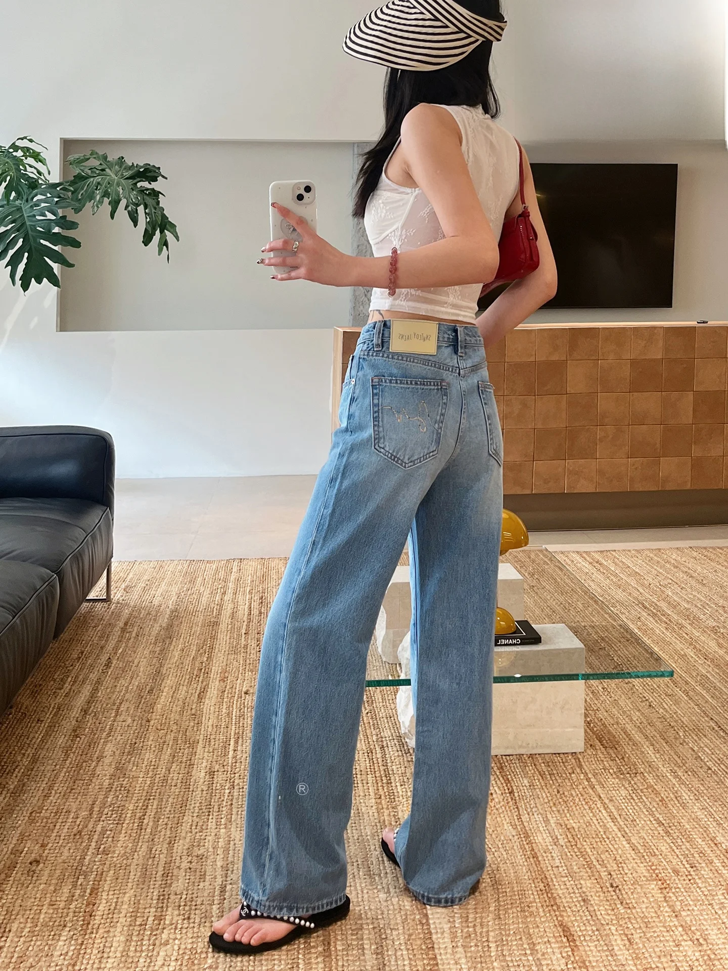 

High Waist Straight Leg Jeans Women's Slim Fit Wide Leg Pants Light Blue No Stretch Floor Length Pants Commute Style Cotton D...