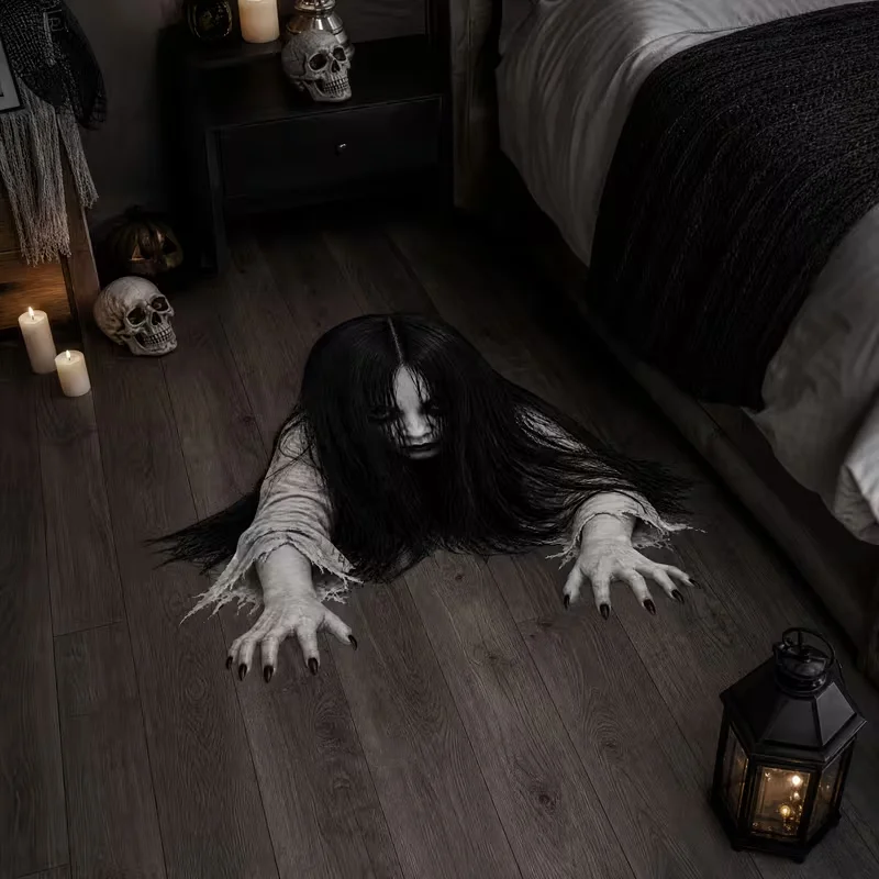 Halloween-Grusel-Bodenaufkleber und Wandaufkleber mit langhaarigem weiblichem Geist, furchteinflößiger kriechender Geist im Sadako-Stil – Detail 1