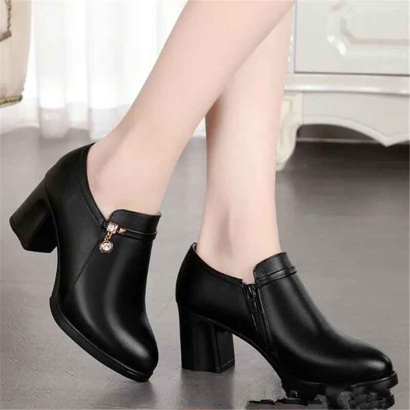 Deep Mouth Block Heels Pumps Women Platform Shoes Fashion Pointed Toe Leather Shoes Woman High Heel Office Shoes Black