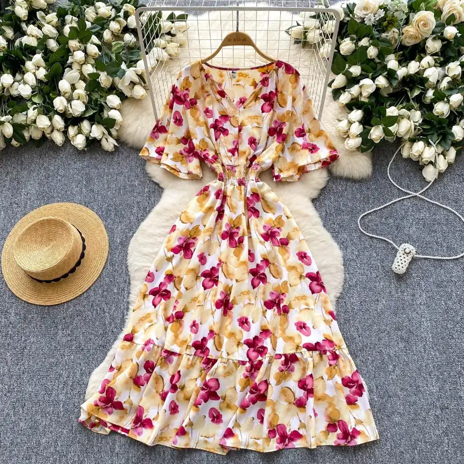 Boho vintage donna estate scollo a V stampa floreale abito lungo elastico in vita volant Chic vestido de festa INS abito da vacanza al mare
