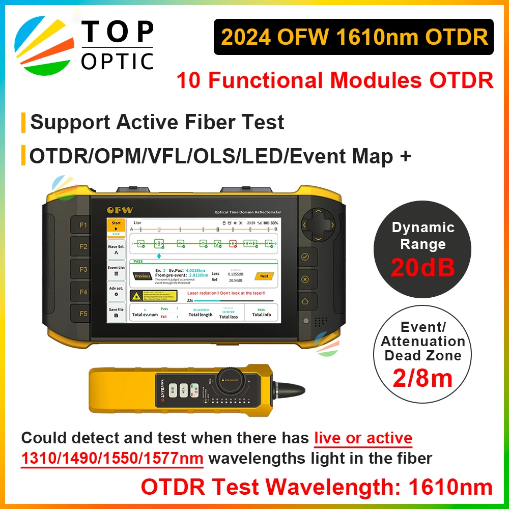 2024 Upgraded OFW Mini OTDR 1610nm 20dB Active Fiber Live Tester Optic Reflector Optical Reflectometer Touch Screen OPM VFL iOLA