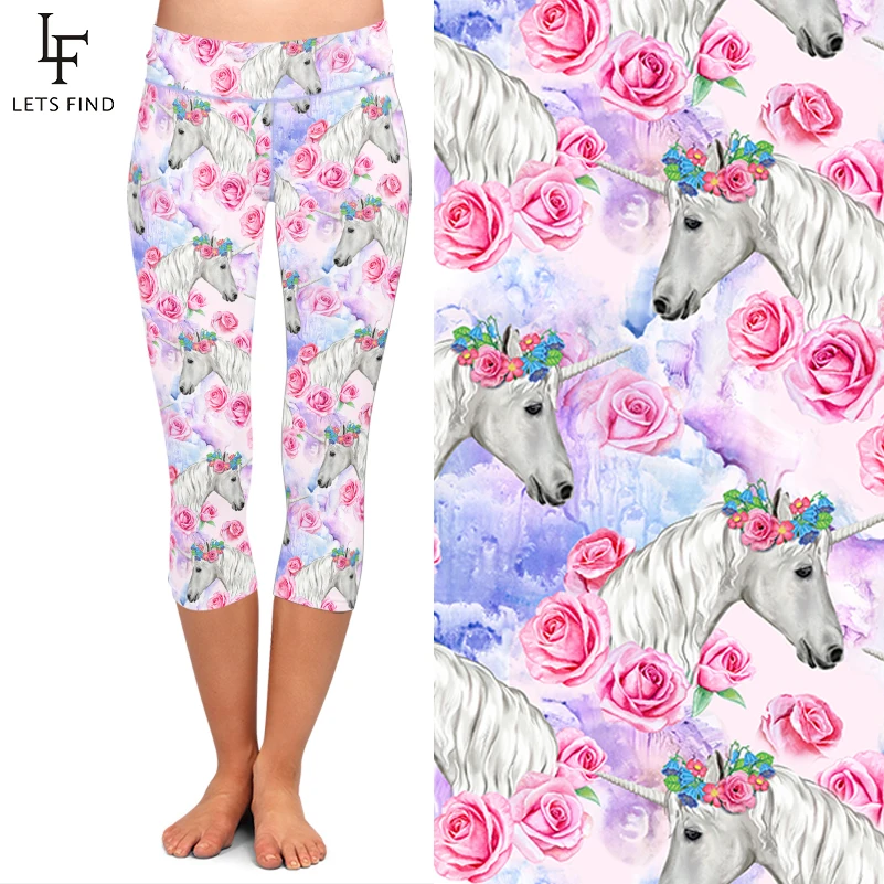 LETSFIND nowe piękne jednorożce i kwiaty drukuj Capri Legging wysoka talia połowy łydki 3/4 Stretch miękkie kobiety legginsy