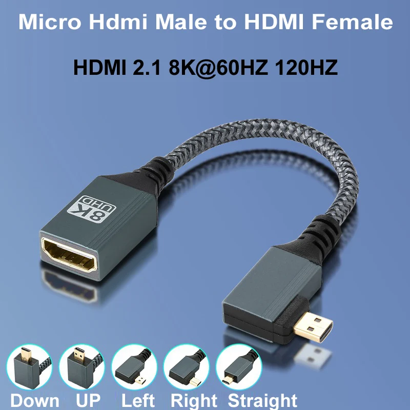 Nylon Braided Micro HDMI Male-Female Cable, multi-angle, 8K 60Hz/122Hz, for laptop, camera, PC, tablet, TV, monitor, projector