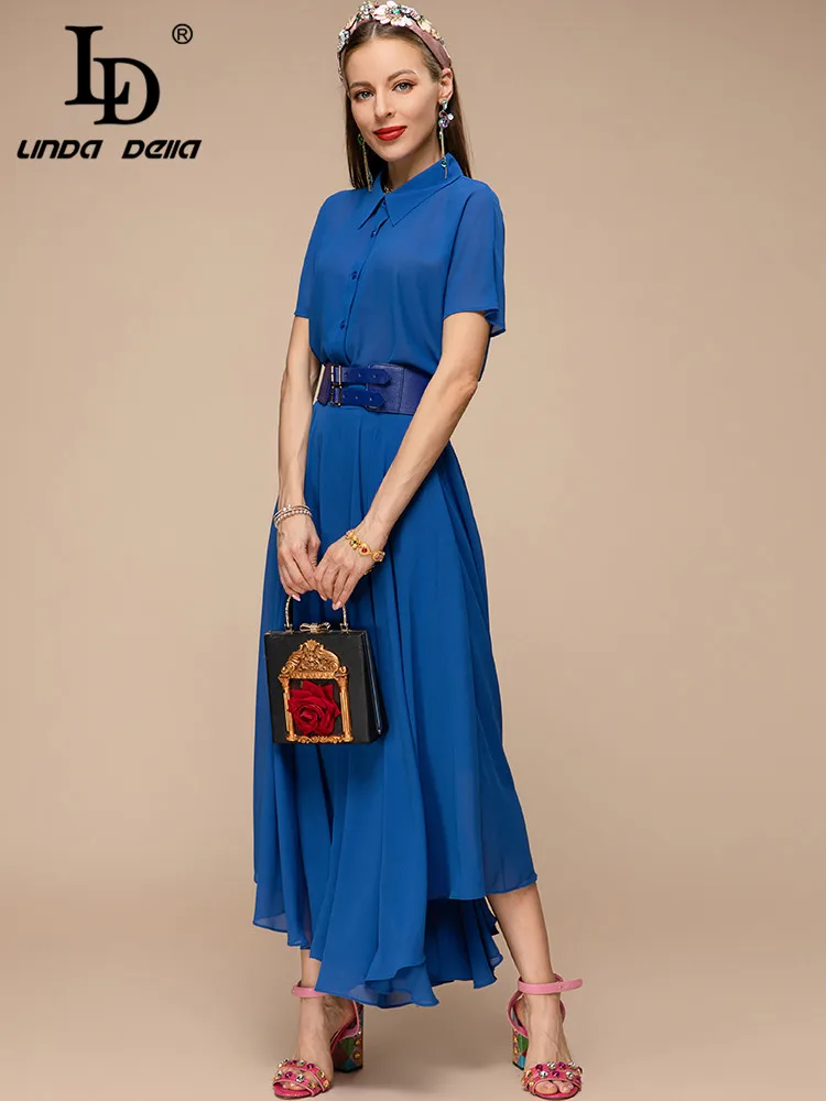 LD LINDA DELLA New 2023 Summer Fashion Women Blue Elegant Asymmetrical Long Dress Turn-down Collar Sashes Slim Pleated Dresses