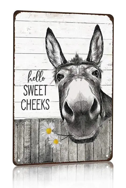Vintage Donkey Hold Sunflowers Hello Sweet Cheeks Funny Tin Sign Retro Metal Sign for Home Farm Toilet Restroom Washroom Wa sign