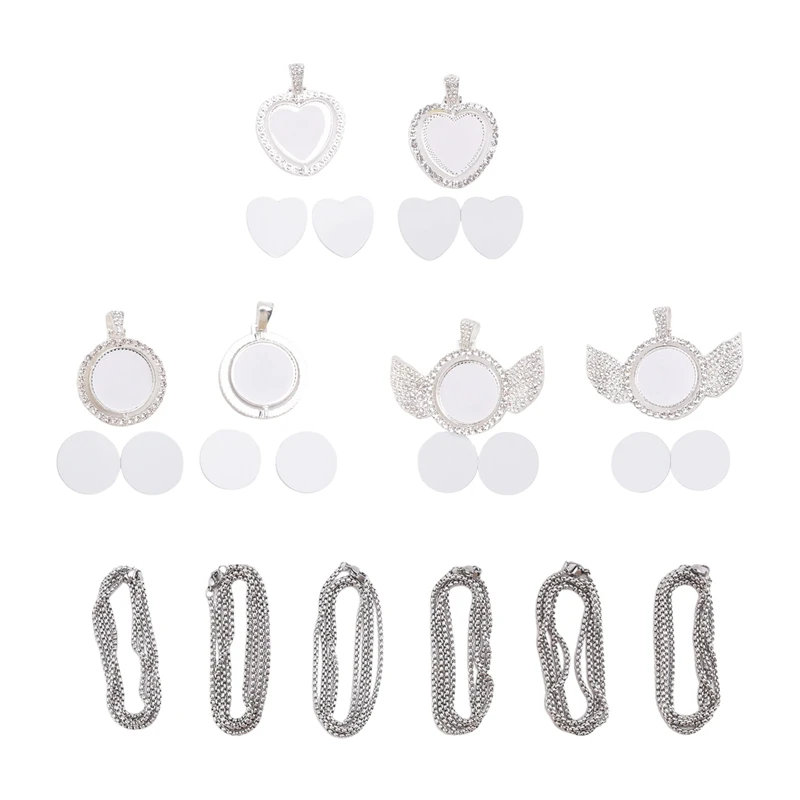 24Pcs Sublimation Rhinestone Trays Pendant Set, 6 Blank Bezel Trays, 6 Pcs Chains With 12 Discs