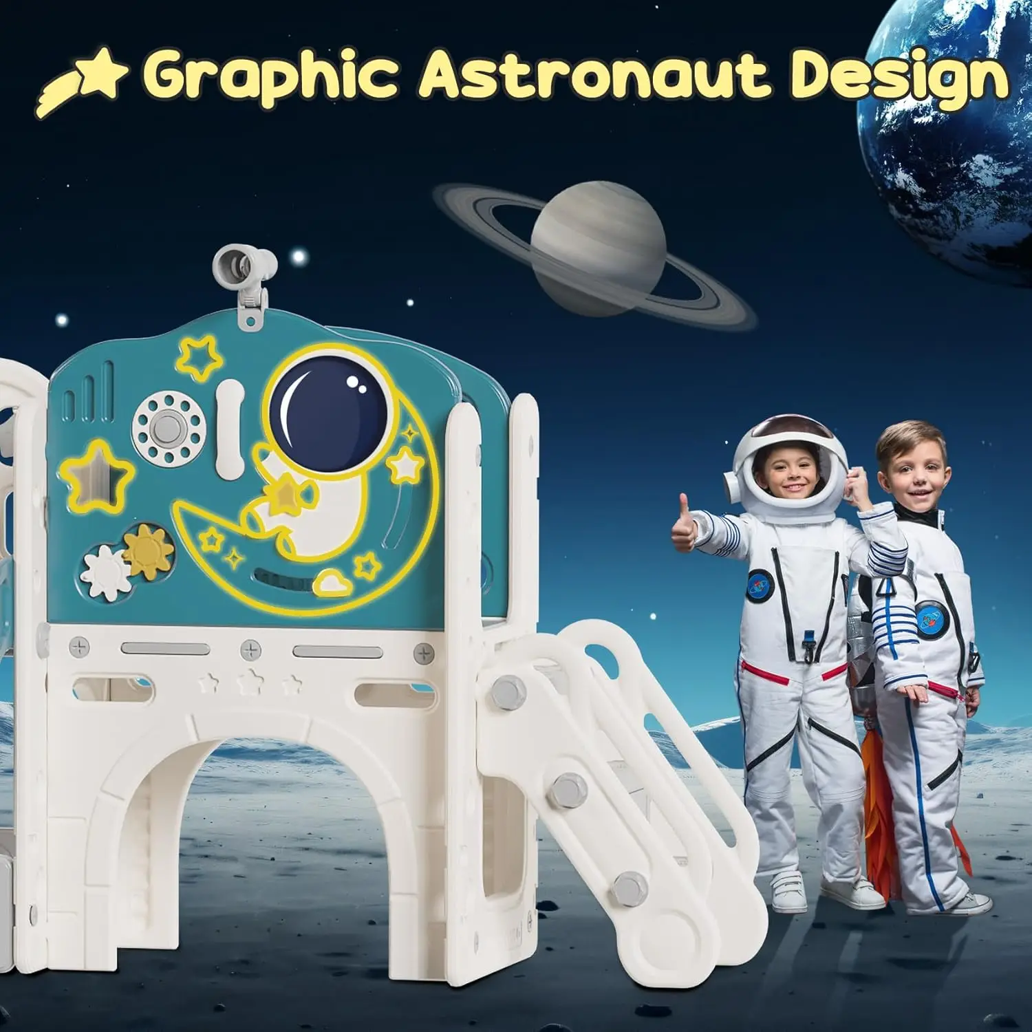 Astronauta temático Slide para crianças, 10 em 1, slide infantil com aro de basquete, brinquedo do telefone e engrenagens, Indo-EUA