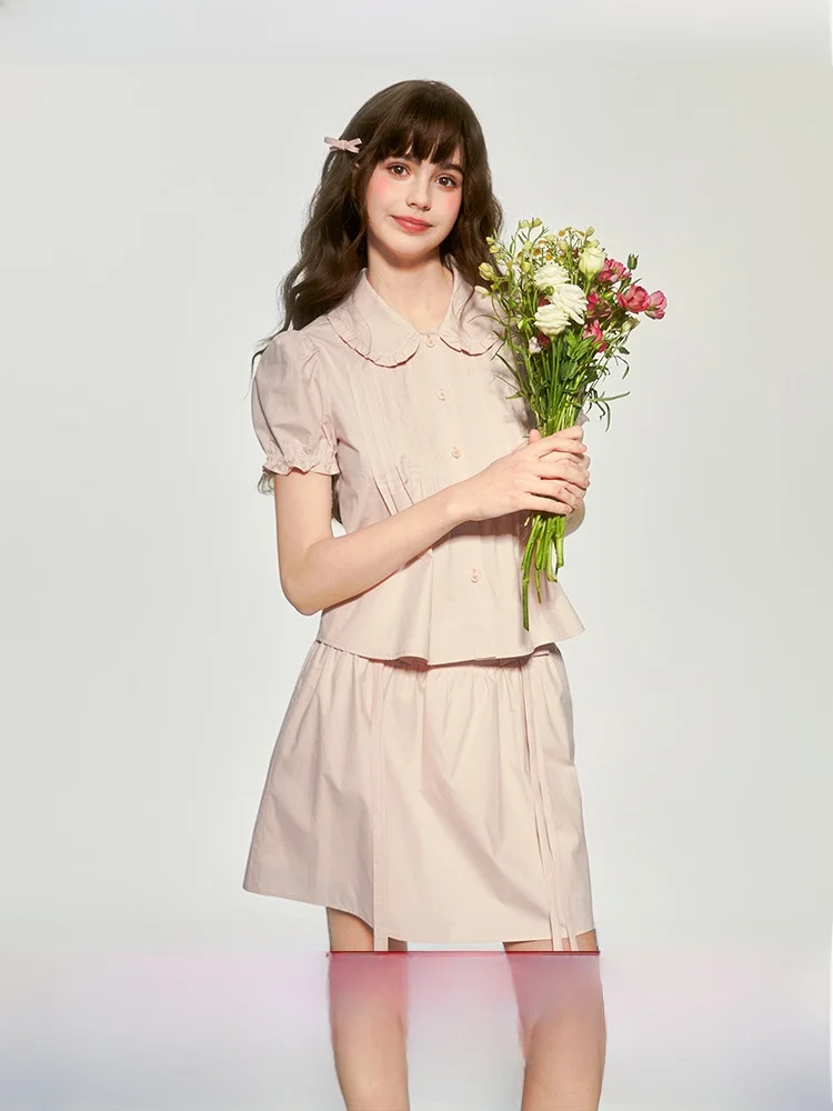 

Розовый сладкий Sle ort Sve кукольный воротник irt женский для поездок на работу Sle летнее новое поступление светлый пьяный утренний моон