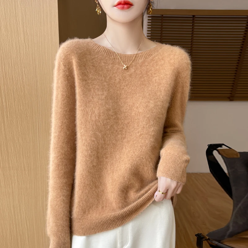 Merino Wool Sweater for Women Cashmere Tops Basic O-Neck Pullover Long Sleeve Knitwear Autumn Winter Clothing, New Fashion, 100%