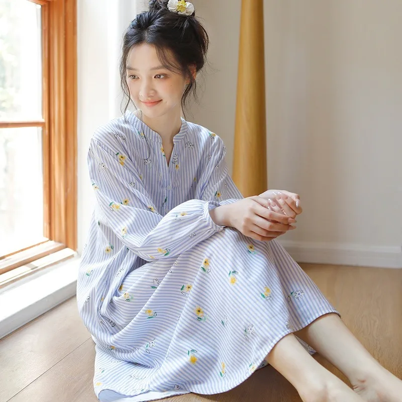 chemise-de-nuit-d'ete-a-manches-longues-pour-femmes-jupe-imprimee-a-rayures-bleues-double-couche-en-gaze-de-coton-vetements-amples-pour-climatisation