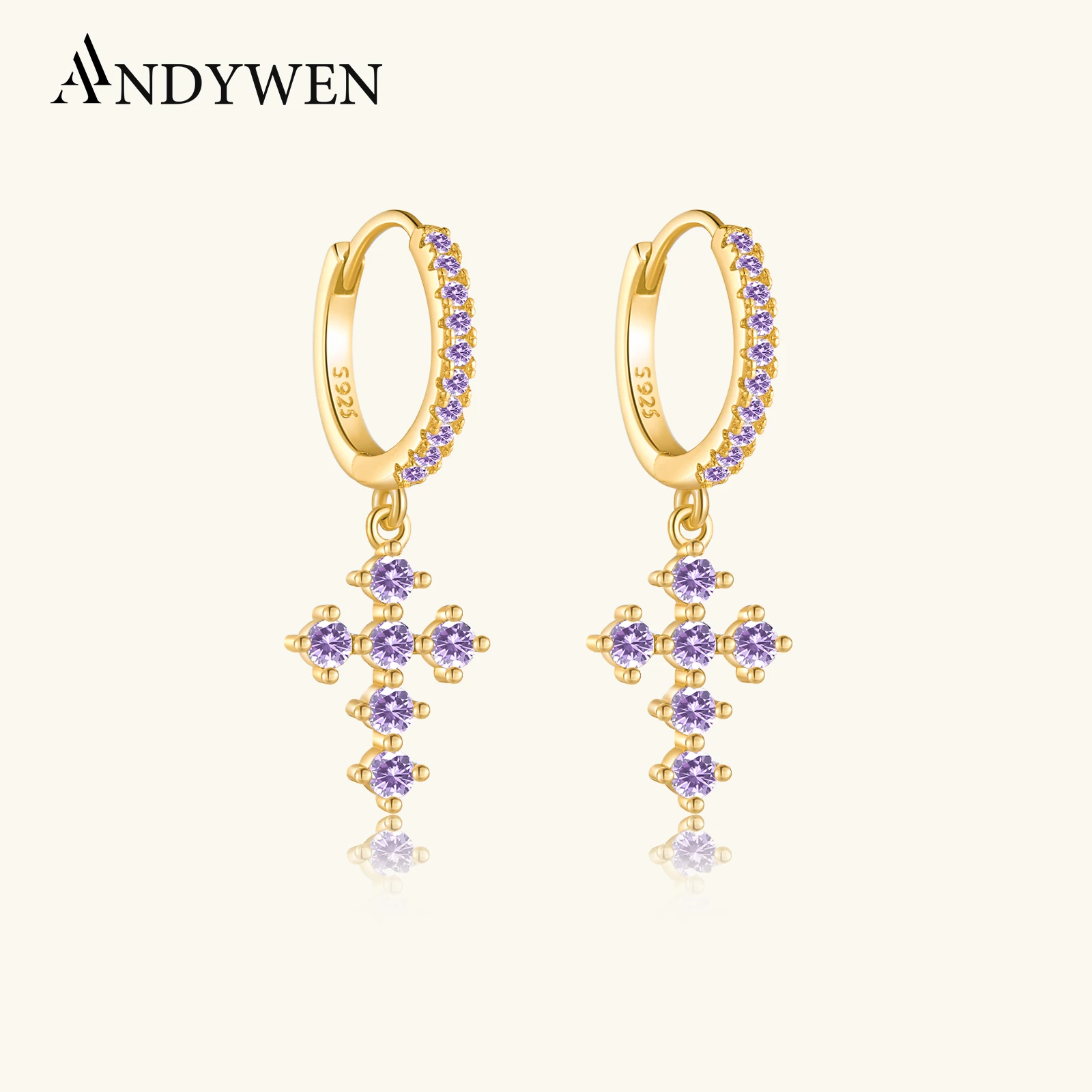 

ANDYWEN 100% 925 Sterling Silver Rainbow Cross Dangle Charm Drop Earring Piercing Zircon Ohrringe Jewelry Rock Punk Pendiente