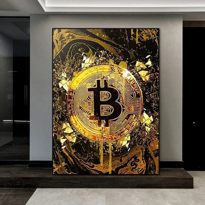 Kreative goldene Münze Leinwand Malerei Bitcoin Poster Drucke, nordische Wandkunst Bilder für Wohnzimmer, Flur, Heimdekoration