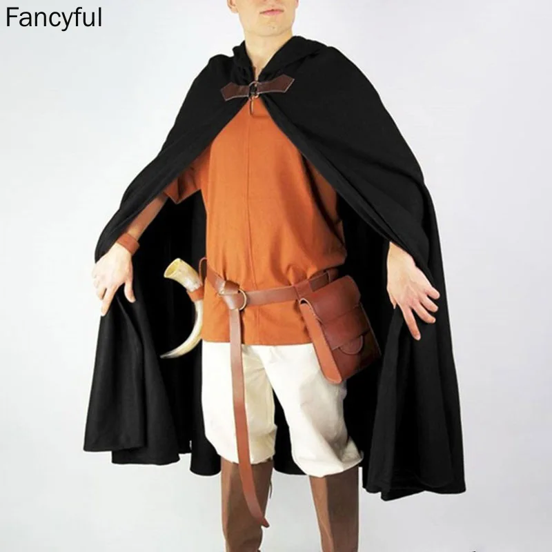 Halloween Cosplay Men's Long Cloak Hooded Medieval Vampire Pirate Robe Old Ranger Gold Velvet Wind Cheater Tops