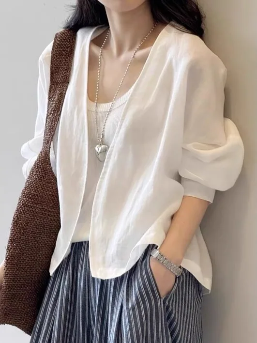 Retro linho branco longo sve irt jaet feminino verão artístico solto fino proteção solar topo v-ne comprimento regular cor