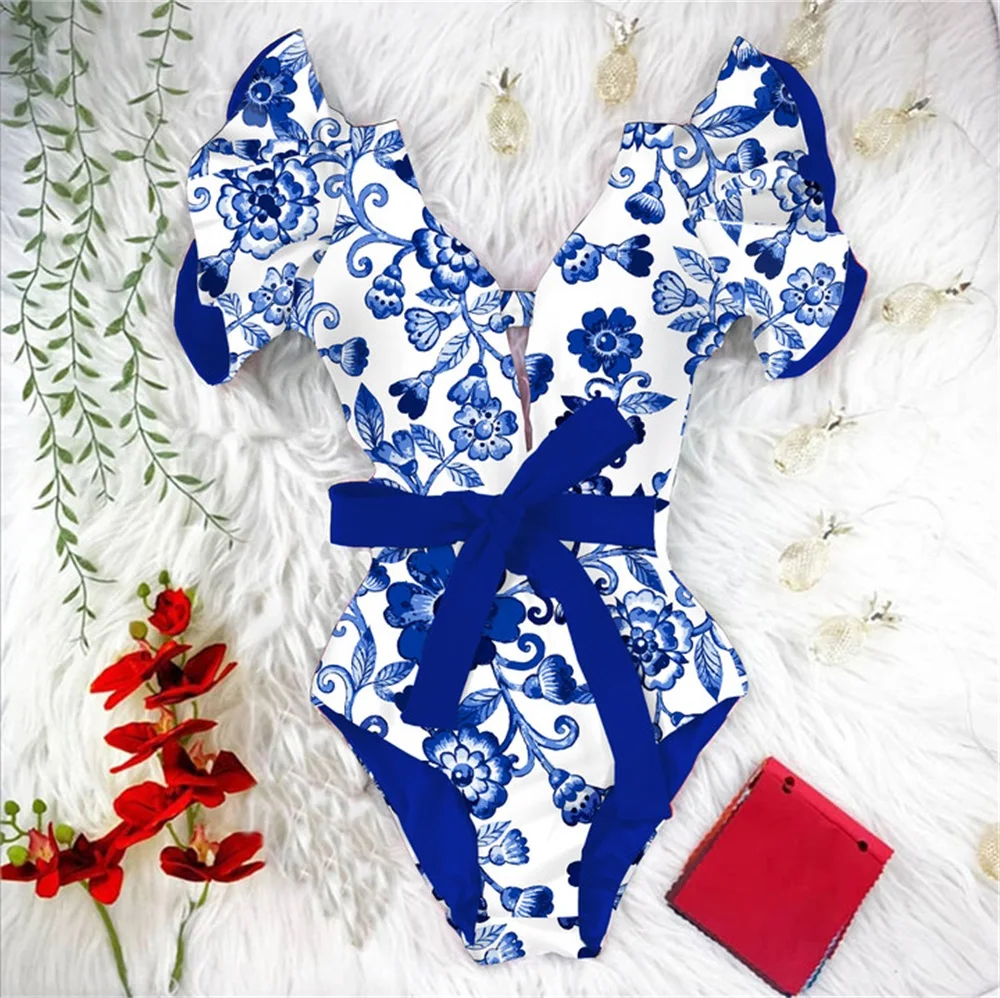 Sexy Ruffle Shoulder Women One Piece Swimsuit 2024 Style New Blue Printed Mujer Bodysuit Swimwear Belt Women Bathing Bodice