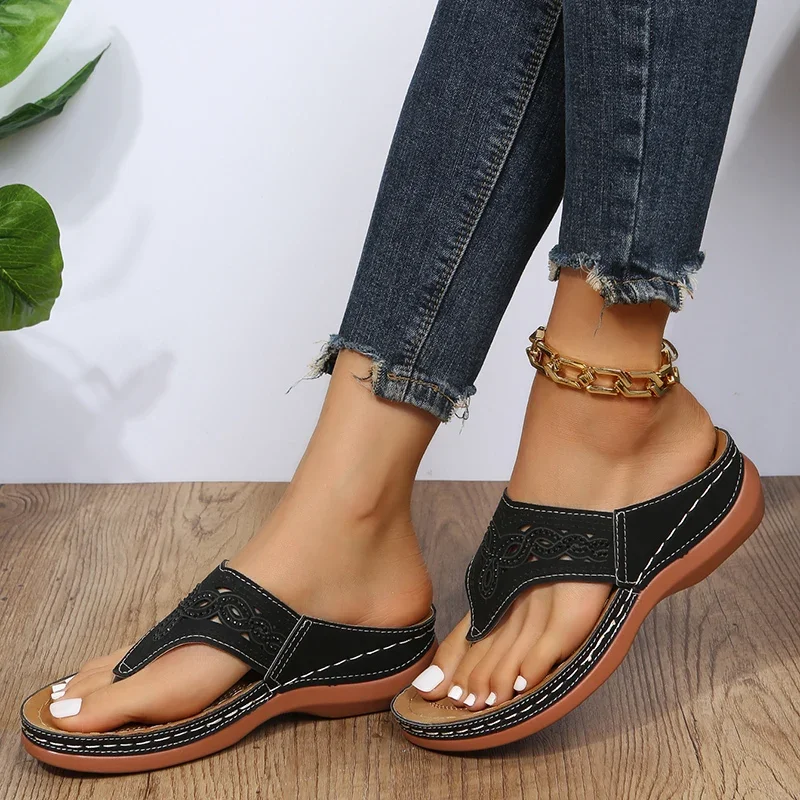 Women Platform Sandals Beach Casual Wedges Flip Flops Premium Orthopedic Open Toe Big Toe Anti-slip Outdoor PU Leather Shoes