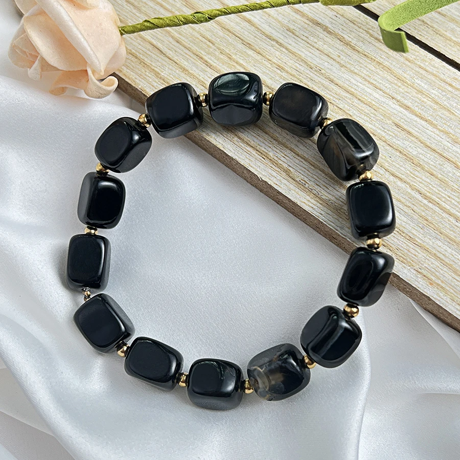 Fashion Square Black Agate Bracelets Bangle for Women Handmade Jewelry with Stainless Steel Beaded Bracelet Party Gift Wholesale