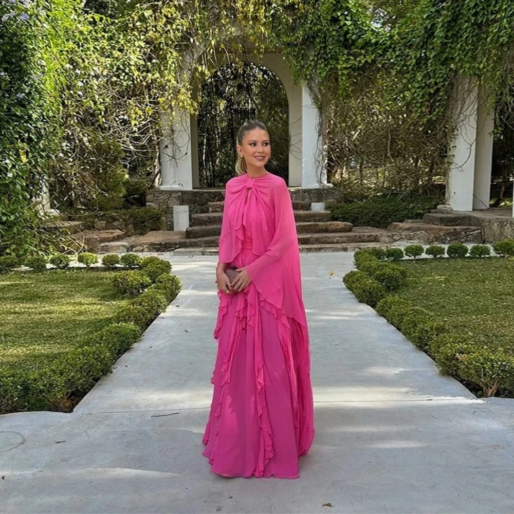

Elegant Fuchsia Evening Dresses Ruffles Chiffon Floor Length Mermaid Prom Gown O-Neck Long Sleeves Party Dress Customized