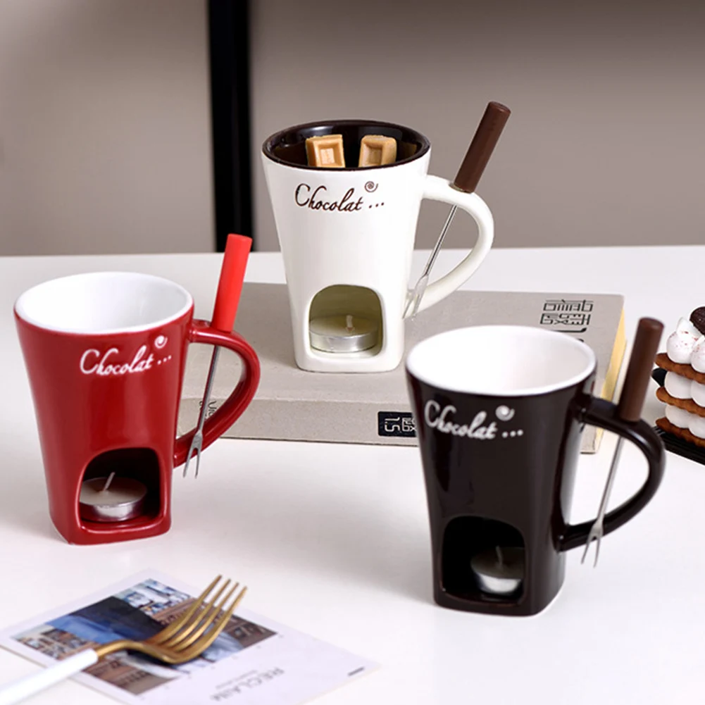 Taza de cerámica para derretir queso y chocolate con tenedor, taza de cerámica para chocolate, tazas individuales para fondue de chocolate, queso y dulces