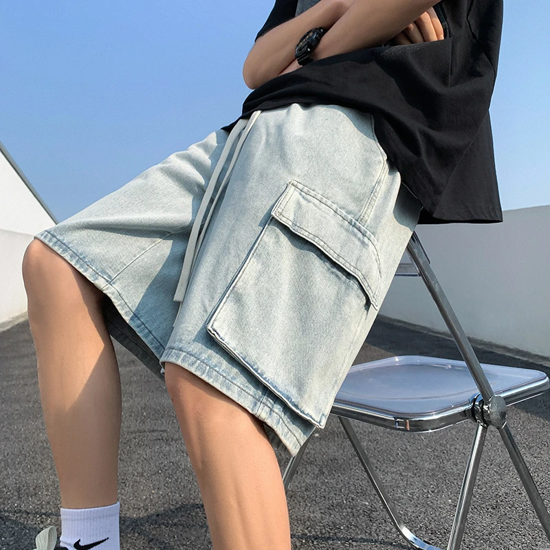 Summer New Baggy Denim Shorts Men\'s Pocket Jeans Elastic Waist Casual Blue High Street Drawstring Short Pants Streetwear