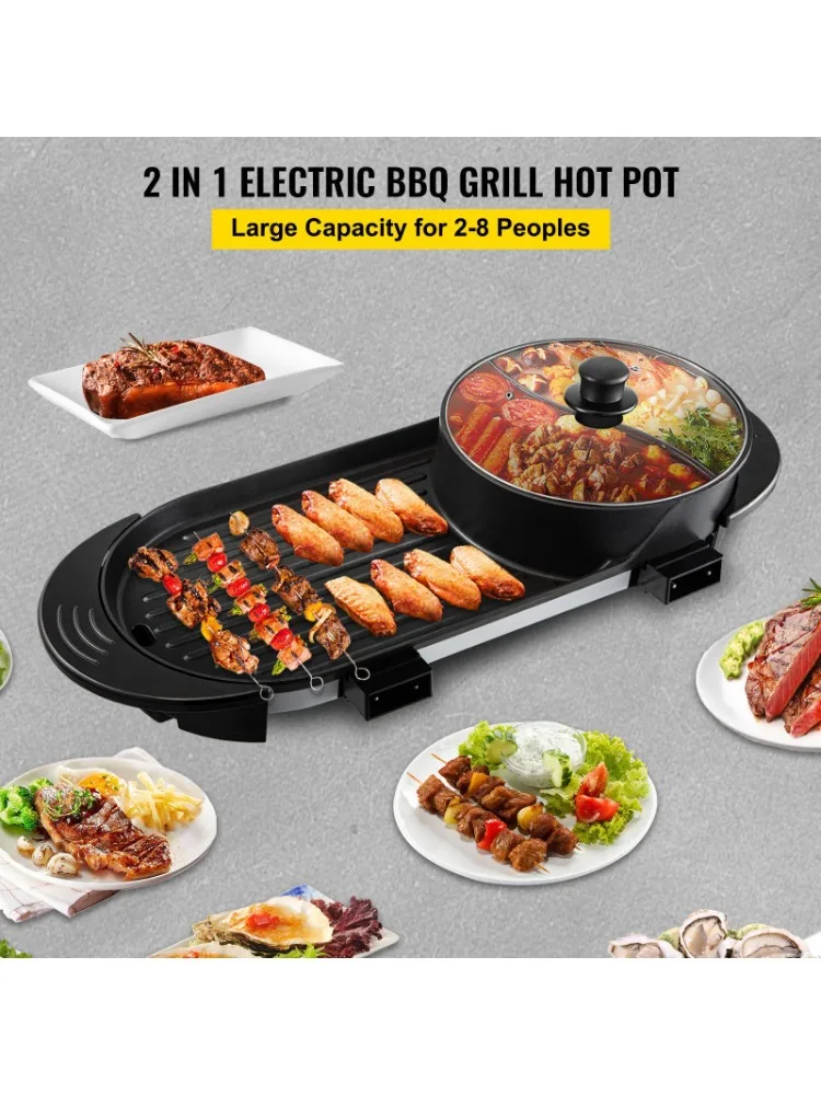 2-in-1 grill and hot pot with divider, independent dual constant temperature iron plate grill pot