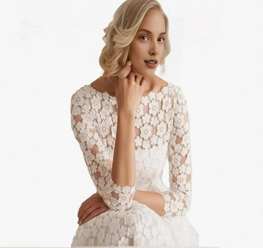 

Elegant Short Lace Wedding Dress Boat Neck Half Sleeve Bow Sash A-line Tea Length Bridal Gown for Garden Party