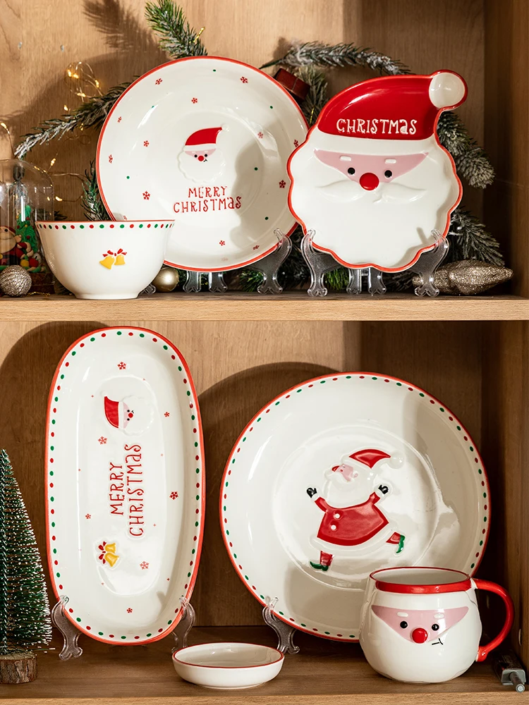 2022 Professional Modern Housewife Original Red Santa Claus Shaped Tableware Ceramic Bowl Cute Plates Platter Breakfast Cup Deep