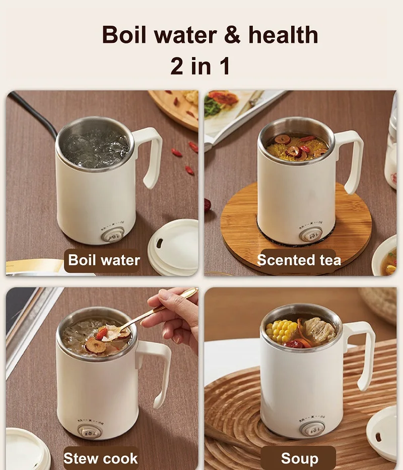 100°C Travel Electric Hot Cup Mini Electric Kettle Portable Keep Warm Kettle Heating Cup Home Office Electric Stew Cup 350ml