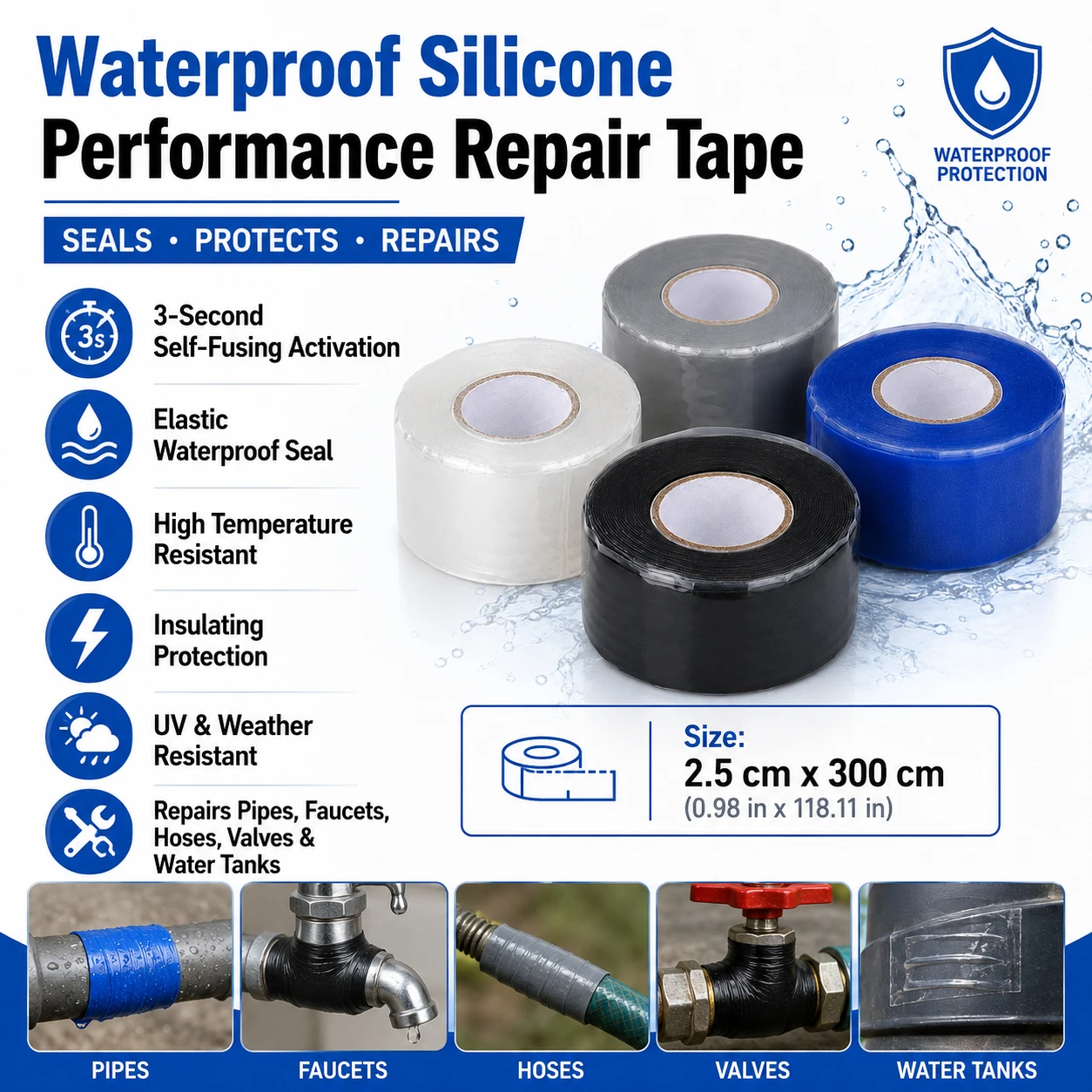 1-3Pcs Waterproof Self-Fusing Silicone Tape, High Temp Resistant Insulating Repair Tape for Hose, Pipe, Electrical Bonding