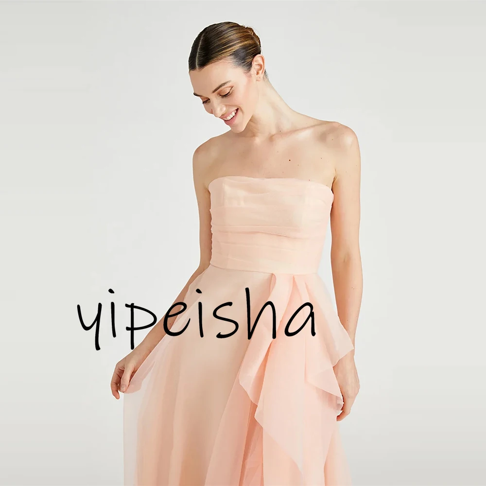 Customized Simple Exquisite Color Prom Dress Tulle Pleat Sexy Strapless Floor length Formal Party gowns Sleeveless Dresses