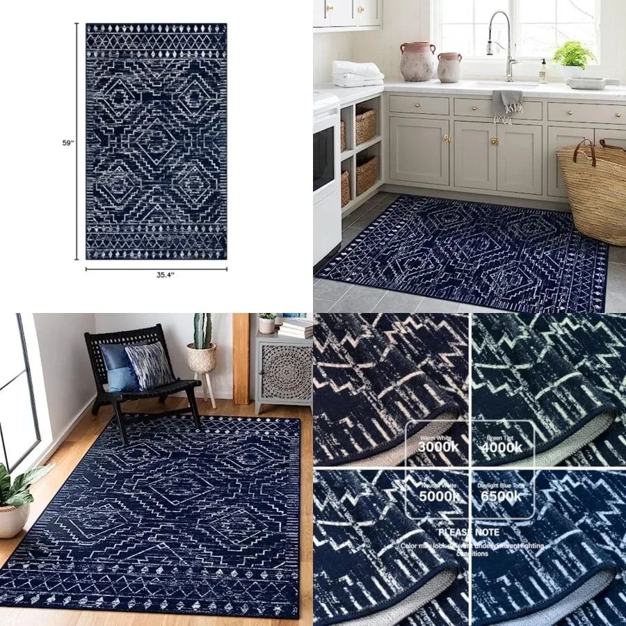 

Moroccan Washable Rug 3x5, Non-Slip Entryway Area Rug, Soft Farmhouse Bedroom Throw Mat, Geometric Low Pile Scandinavian Accent