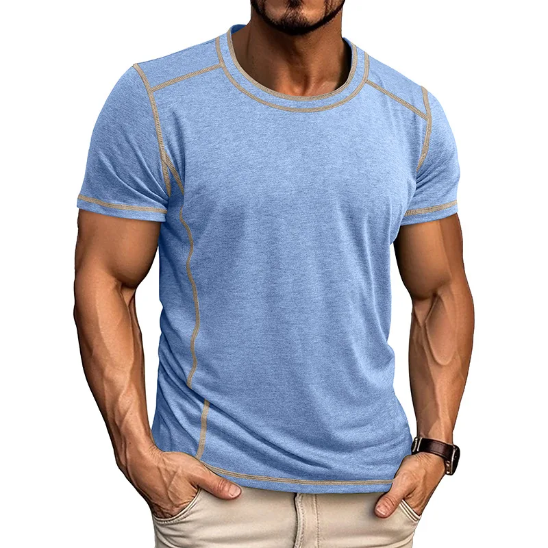 

Мужская футболка с круглым вырезом, лето 2026, европейская и американская футболка с коротким рукавом Henley с цветными блоками, мужская одежда