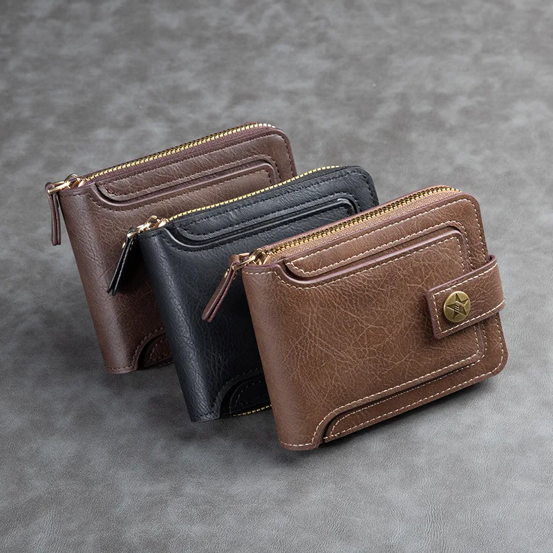 

Мужской короткий кошелек в европейском и американском стиле, многофункциональный, винтажный, горизонтальный, с отделением для монет, на молнии, с застежкой, для карт