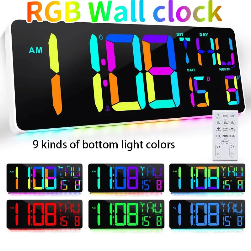 

Digital Wall Clock Large Display Date Week Temperature Atmosphere Light RGB Color Changing Electronic Clock with Remote Control