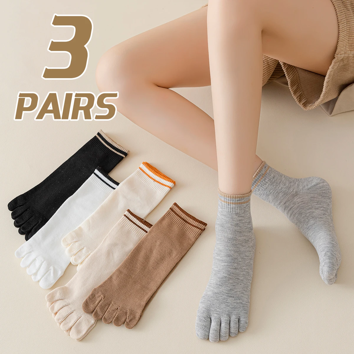 3 Paar Damen-Baumwollsocken für Frühling und Herbst, einfarbig, gestreift, modisch, College-Stil, bequem, für den Sommer, atmungsaktiv, Fünf-Zehen-Socken