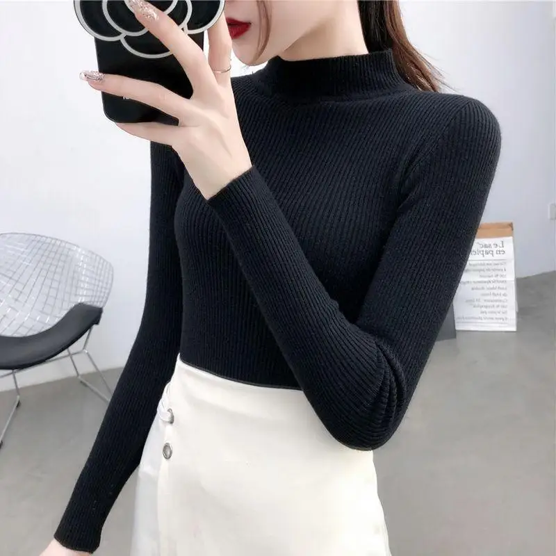 

Chic Half High Neck Sweater Women's Slim Fit Short Sleeve Long Sleeve Knitted Top Autumn Winter Elegant Style Soft Fabric