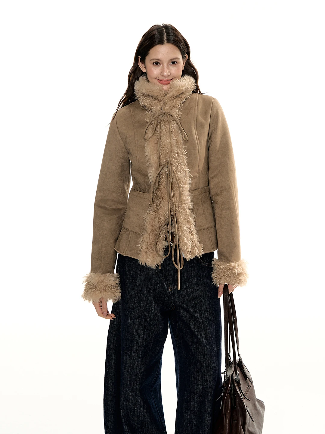 เสื้อแจ็คเก็ตหนังและขนสัตว์แบบผูกเชือก ดีไซน์ดั้งเดิมจาก RedBling ทรงเข้ารูปสำหรับผู้หญิง สวมใส่สบาย ผลิตจากโพลีเอสเตอร์และสแปนเด็กซ์