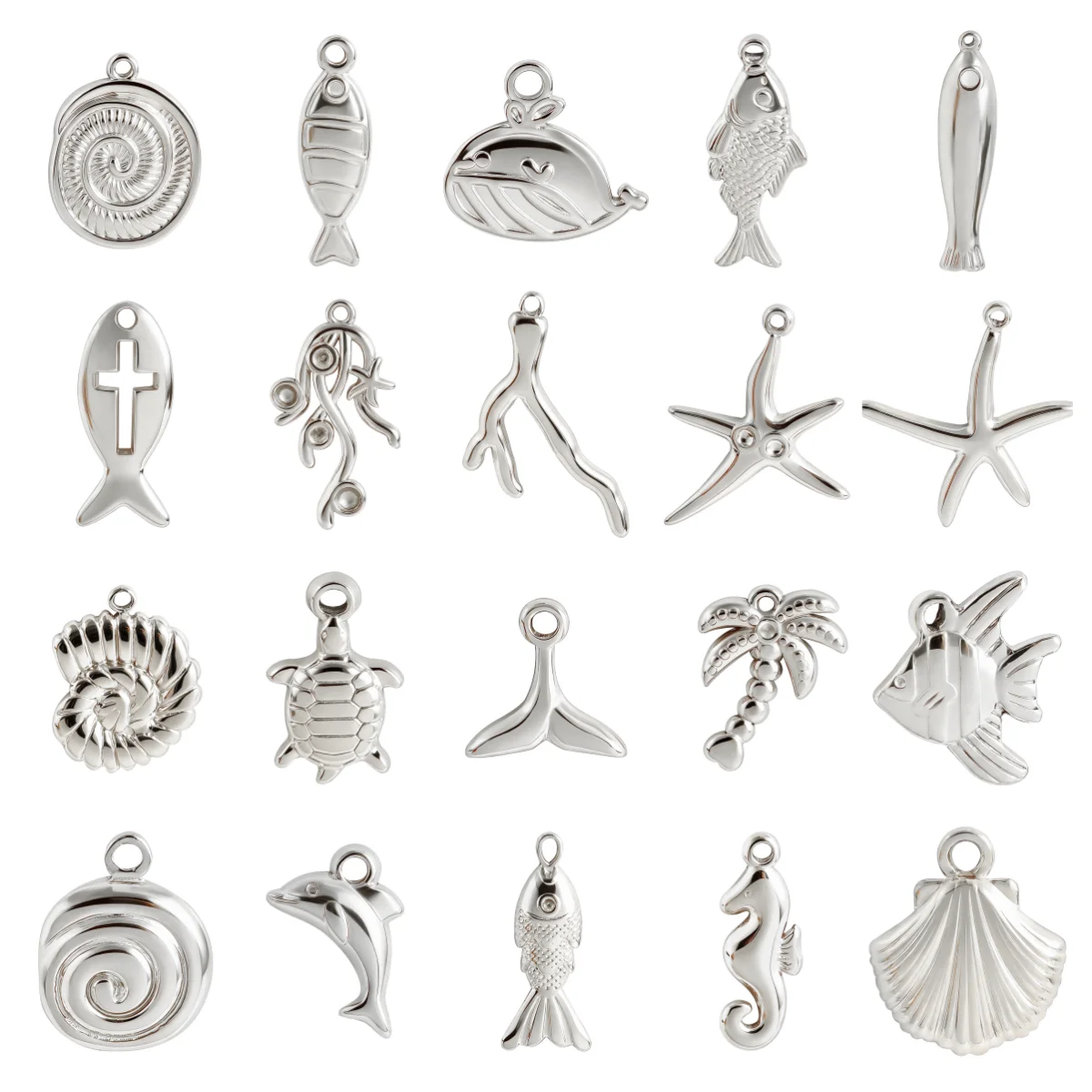 10Pcs 304 Stainless Steel Sea Animal Shell/Starfish/Coral/Conch/Coconut Tree Summer Beach Pendants For DIY Jewelry Accessories