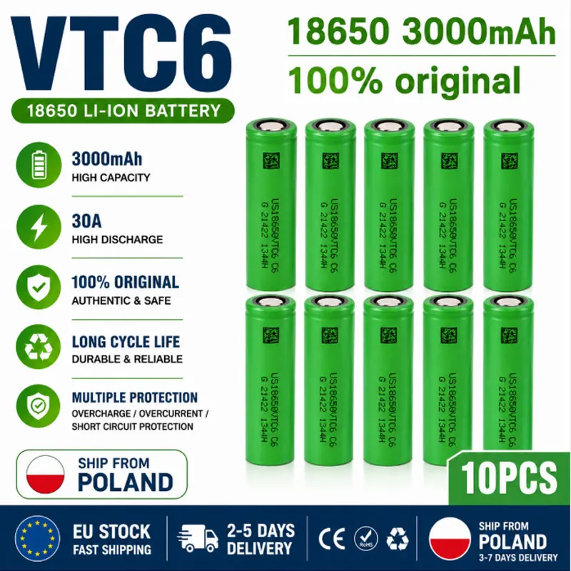VTC6 3,7V 3000 mAh Li-Ionen-Akku 18650 30A Entladestrom für 18650VTC6 Spielzeug-Taschenlampen und Elektrowerkzeuge, mit Ladegerät