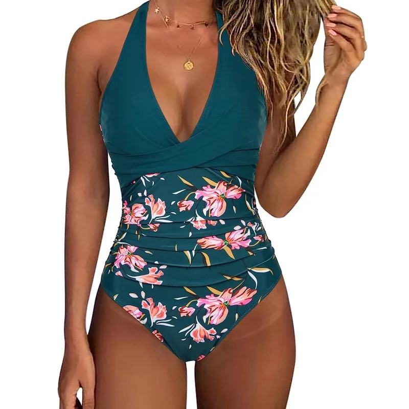 2026 Bikini one swimsuit for women, backless, sexy, cross-over color block swimsuit for women